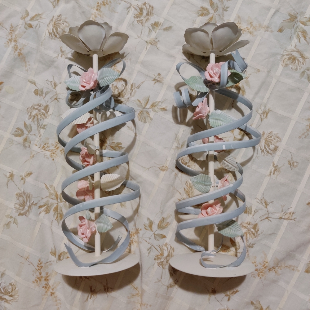 French Shabby Chic Floral Candle Holder Set Cottagecore Vintage Pastel Coquette